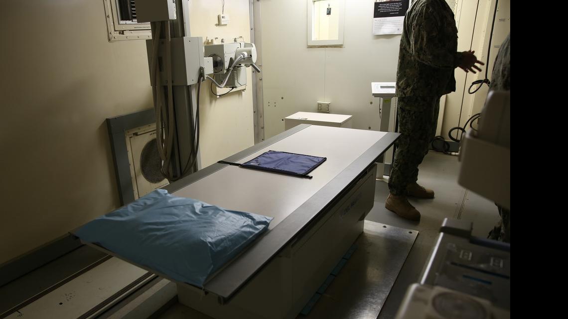 
An X-Ray room inside a trailer at the U.S. Navy base at Guantánamo Bay, Cuba, on Tuesday, July 7, 2015 in an annex of the Detention Center Hospital. More complicated medical procedures are carried out away from the prison compound, at the Naval Station Hospital, which has a CT-Scan, no MRI. U.S. Army soldiers reviewed this photo invoking Pentagon security restrictions and cleared it for release.
