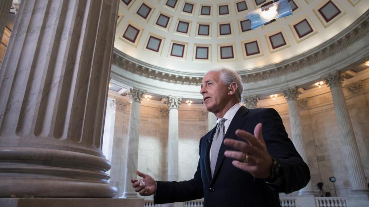 Sen. Bob Corker, R-Tenn., chairman of the Senate Foreign Relations Committee, answers questions about the situation in Syria after a U.S. fighter jet shot down a Syrian warplane earlier this week and Russia warned the U.S.-led coalition from flying over Syrian army positions west of the Euphrates River, during a TV news interview at the Capitol in Washington, Tuesday, June 20, 2017.