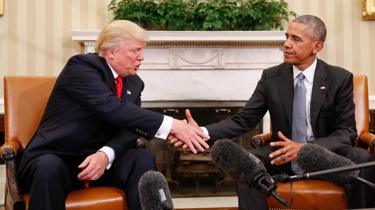 President Barack Obama and President-elect Donald Trump shake hands following their meeting in the Oval Office of the White House in Washington, Thursday, Nov. 10, 2016.