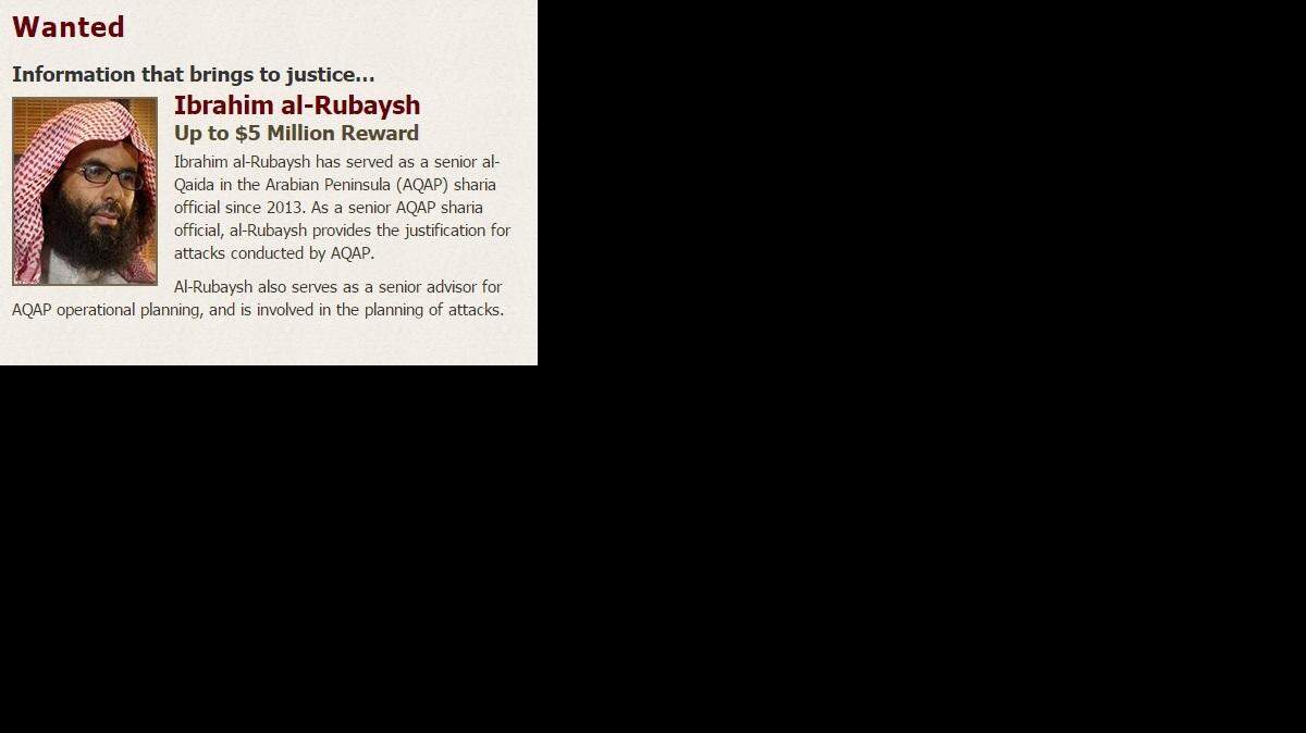 
The Department of State Reward for Justice poster for Ibrahim al Rubaysh.
