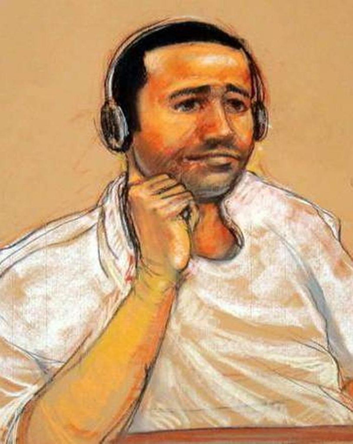 Saudi Abd al Rahim al Nashiri during his Nov. 9, 2011, military commissions arraignment at the U.S. Navy base at Guantánamo Bay, Cuba, in a sketch by Janet Hamlin approved for release by a court security officer.