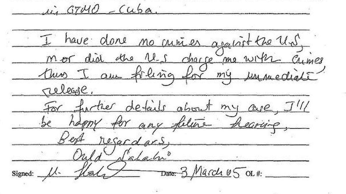 A 2005 portion of Mohamedou Ould Slahi’s habeas corpus petition to a U.S. District Court in Washington, D.C., which he won, then lost under an Obama administration appeal to a higher court, which ordered a new hearing.