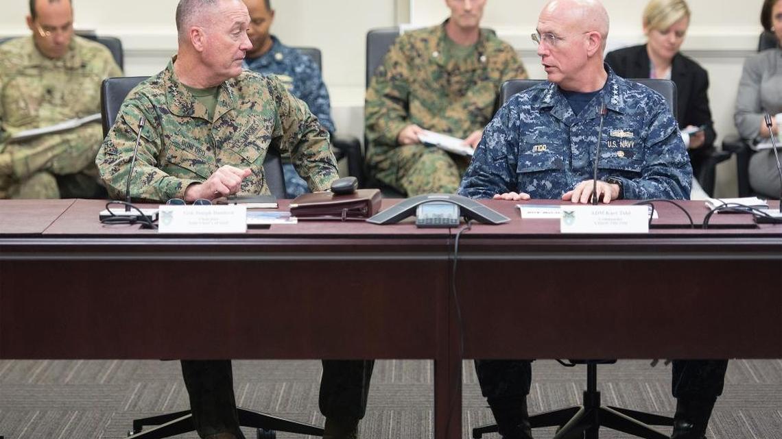 Marine Corps Gen. Joseph F. Dunford Jr., left, chairman of the Joint Chiefs of Staff, met with Navy Adm. Kurt W. Tidd, commander, U.S. Southern Command, in Miami, March, 8, 2016, two days ahead of Tidd’s Senate testimony.