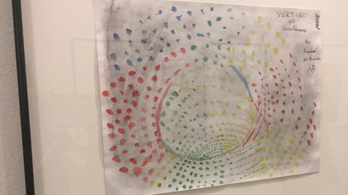 ‘Vertigo at Guantánamo,’ a 2016 watercolor by former CIA captive Ammar al Baluchi, was on display Oct. 25, 2017, in an exhibit called Ode to the Sea at the John Jay College of Criminal Justice.