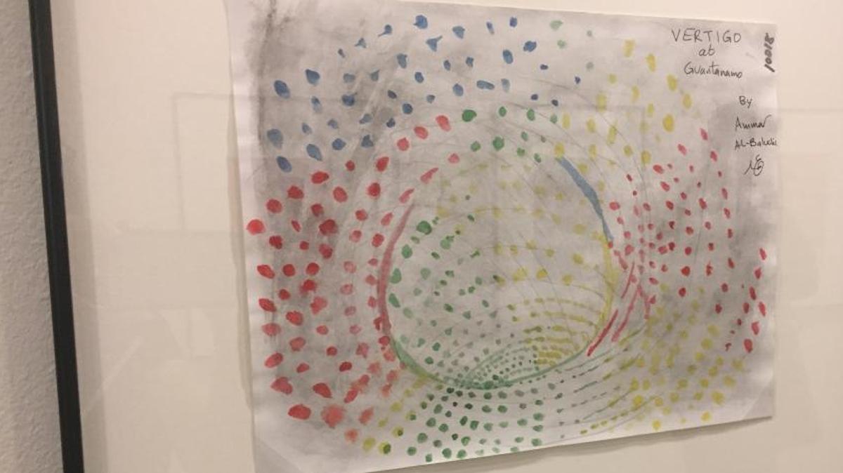 ‘Vertigo at Guantánamo,’ a 2016 watercolor by former CIA captive Ammar al Baluchi, was on display Oct. 25, 2017, in an exhibit called Ode to the Sea at the John Jay College of Criminal Justice.