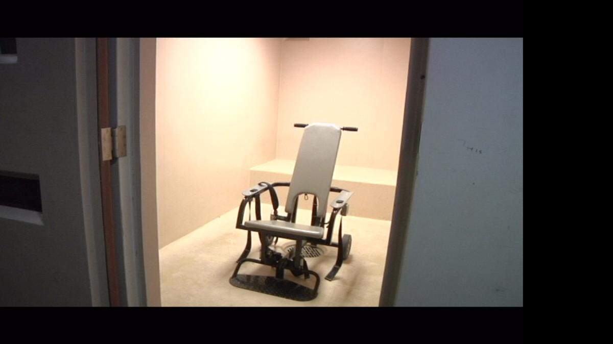 
This screengrab from a Guantánamo public affairs handout video shows the chair used to strap in and force-feed hunger-striking detainees at Guantánamo. It is in this instance parked inside a cell at the Behavioral Health Unit, the military’s name for the prison’s psychiatric ward.
