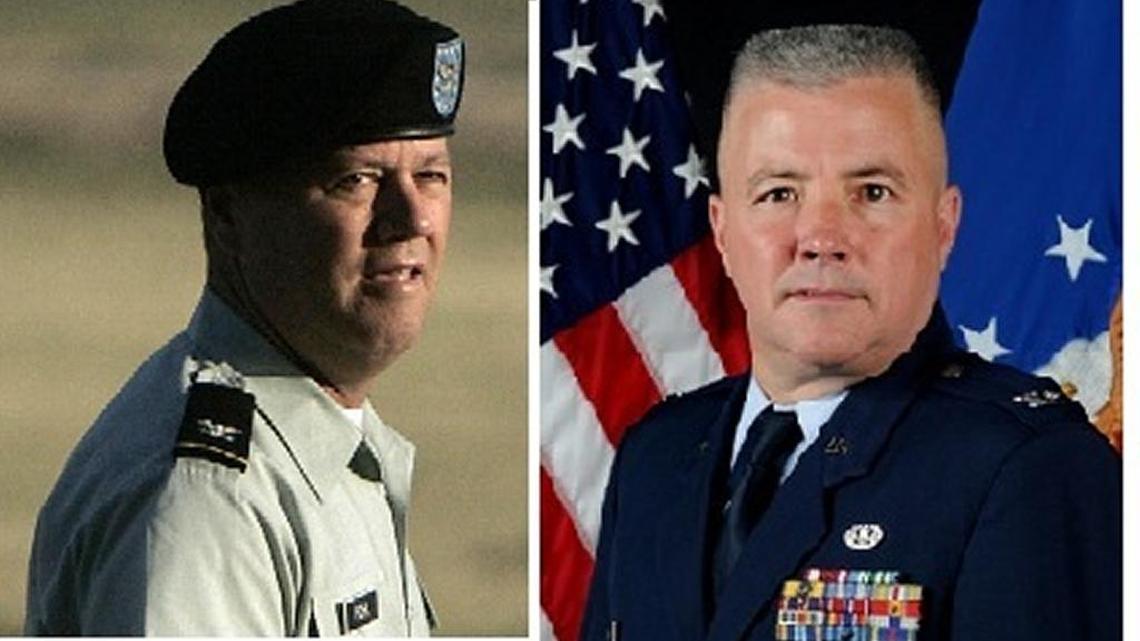 At left, an Associated Press file photo of Army Col. James L. Pohl, the chief of the war court judiciary and trial judge in the Sept. 11 mass murder case. At right, a military commissions provided photo of Air Force Col. Vance Spath, the judge in the USS Cole death penalty case.