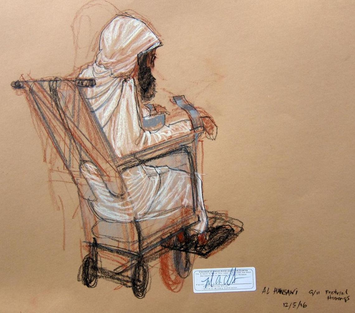 In this Pentagon-approved sketch, accused 9/11 co-conspirator Mustafa al Hawsawi is wheeled into court in a restraint chair at the U.S. Navy base at Guantánamo Bay, Cuba, on Dec. 5, 2016.