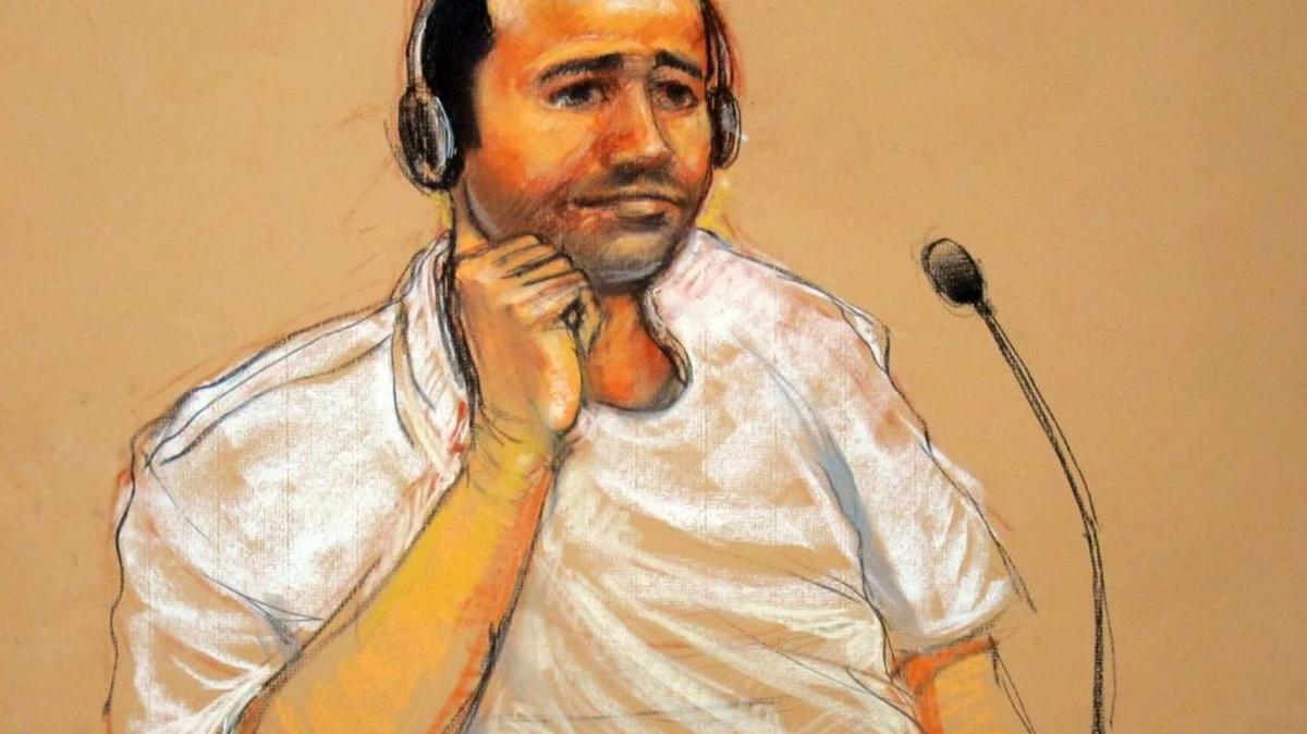 This Nov. 9, 2011, rendering by courtroom artist Janet Hamlin shows Abd al Rahim al Nashiri during his military commissions arraignment at the Guantánamo Bay detention center in Cuba.