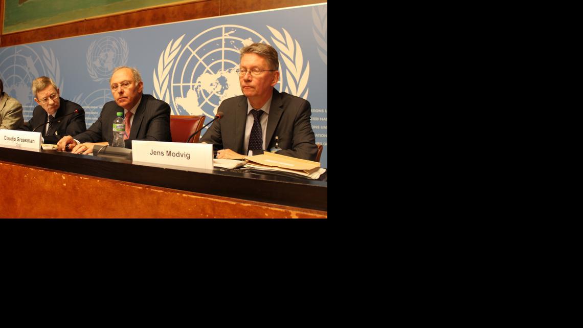 
From left, Italian Alessio Bruni, Committee expert on U.S. review; Claudio Grossman, Chilean chairperson of the U.N. Committee against Torture; and Dane Jens Modvig, the committee expert on U.S. review, on Friday, Nov. 28, 2014, in Geneva. 
