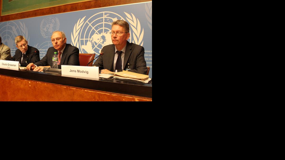 
From left, Italian Alessio Bruni, Committee expert on U.S. review; Claudio Grossman, Chilean chairperson of the U.N. Committee against Torture; and Dane Jens Modvig, the committee expert on U.S. review, on Friday, Nov. 28, 2014, in Geneva. 
