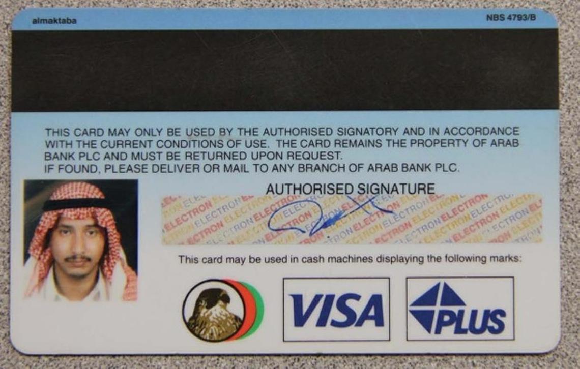 Evidence from the war court file of admitted terrorist Ahmed al Darbi includes an Arab bank credit card with his photo that expired in 2004, two years after his capture.