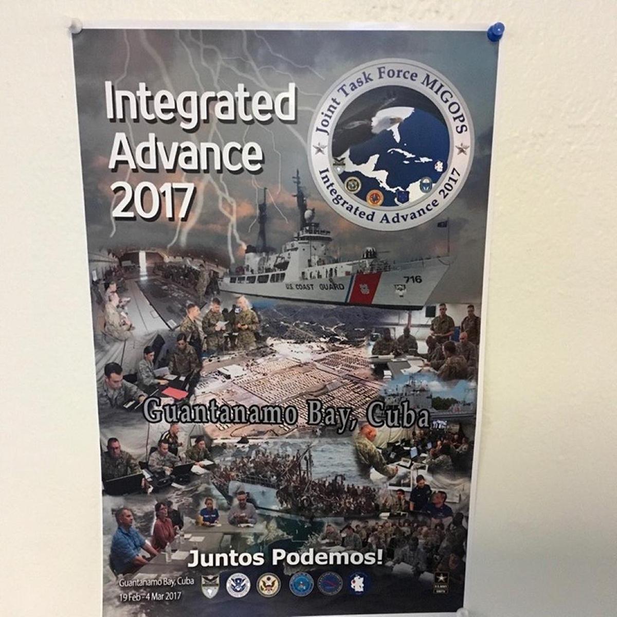 A poster at the base air terminal on June 5, 2017 promoted Joint Task Force MIGOPS, the migration exercise that brought in hundreds of troops to rehearse a migration emergency in the Caribbean in February and March.