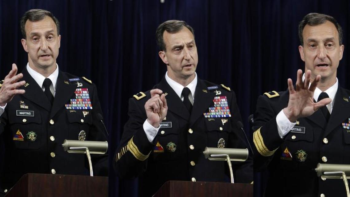 Army Brig. Gen. Mark Martins, the chief war crimes prosecutor, speaking to reporters on May 5, 2012 at Camp Justice, the U.S. Navy base at Guantánamo Bay, Cuba.