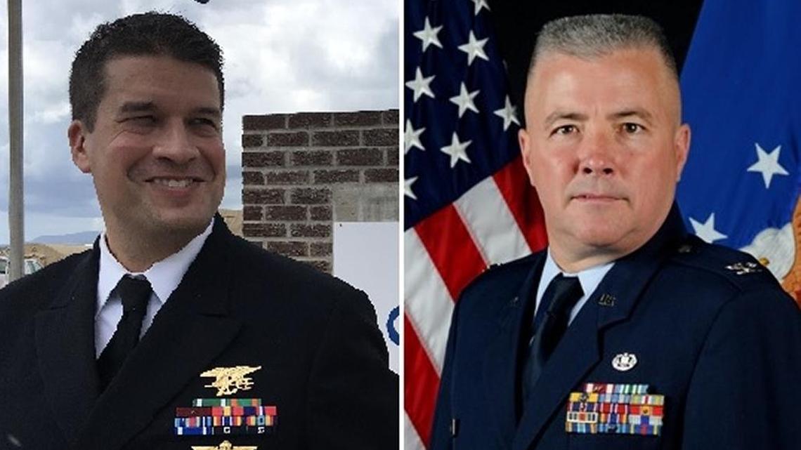 At left, defense attorney Navy Lt. Alaric Piette at U.S. Navy base Guantánamo on Nov. 3, 2017, in a Miami Herald photo approved for release by the U.S. Army. At right, an Air Force handout photo of Air Force Col. Vance Spath, the judge in the USS Cole bombing case.