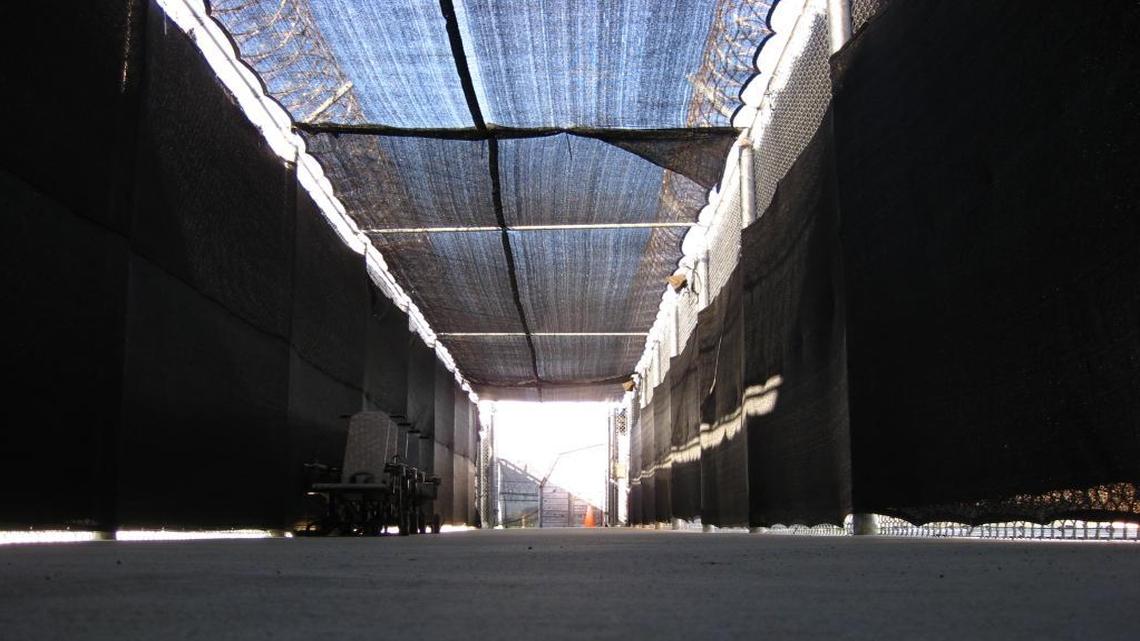 The path between the court and holding cells at Camp Justice on the U.S. Navy base at Guantánamo Bay, Cuba, on Dec. 3, 2016 in an angle authorized for photography by U.S. military security officials.