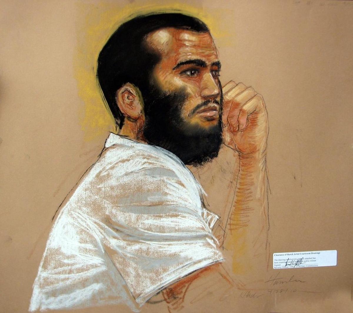 Canadian defendant Omar Khadr attends a hearing at Guantánamo on April 29, 2010 in a Pentagon approved drawing by sketch artist Janet Hamlin.