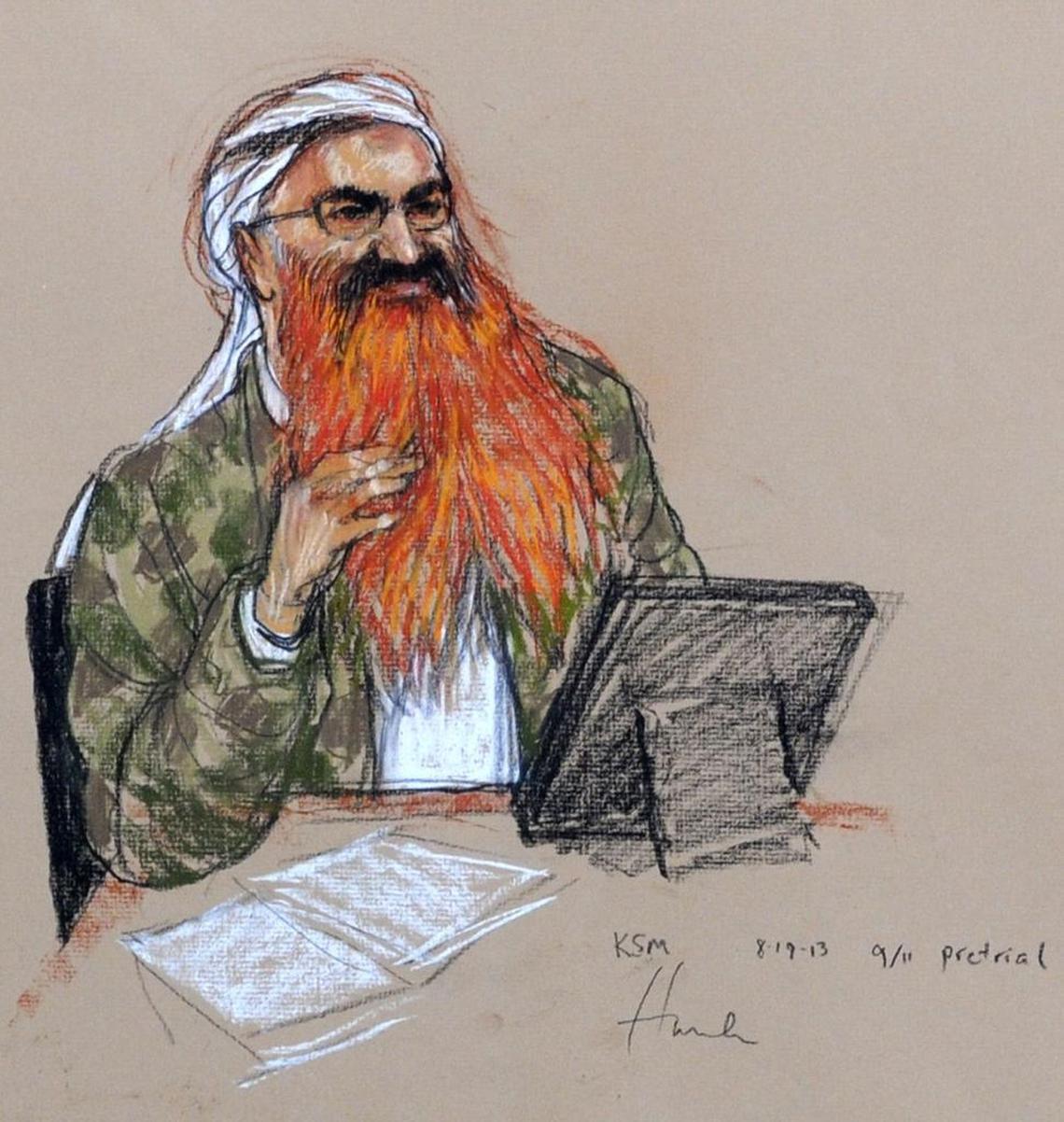 In this sketch by courtroom artist Janet Hamlin and approved for release by a Pentagon contractor, Khalid Sheik Mohammed, with his gray beard streaked with reddish-orange dye, attends an Aug. 19, 2013 pretrial hearing at the U.S. Navy Base in Guantánamo Bay, Cuba.