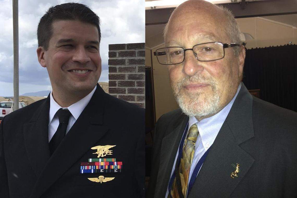 From left, Lt. Alaric Piette on Nov. 3, 2017 and capital defense attorney Rick Kammen on June 2, 2013 at Camp Justice, the U.S. Navy base at Guantánamo Bay, Cuba, in images approved for release by the U.S. military