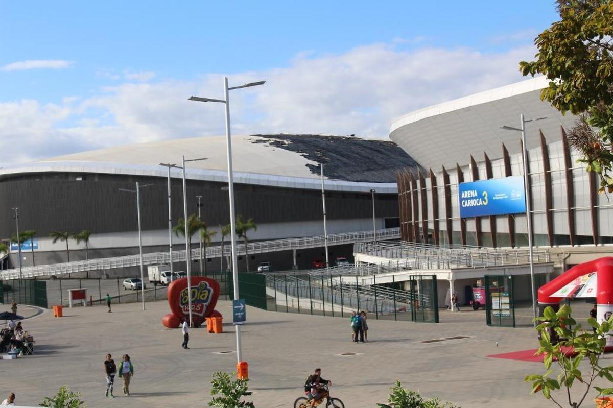 An unmanned hot air balloon fell on the roof of the Velodromo at Rio’s Olympic Park, setting it afire. Exposure to the water and elements during the fire also damaged the bicycle track’s Siberian pine flooring.