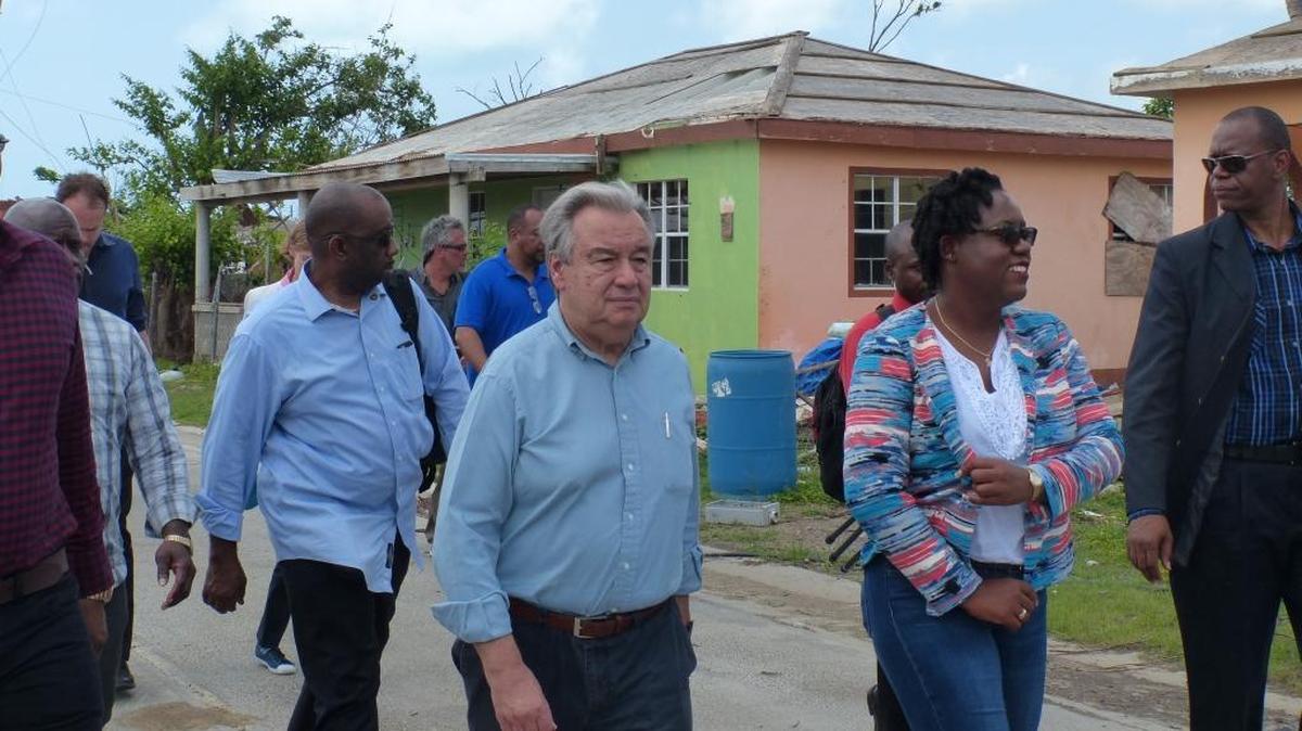 Antigua and Barbuda Prime Minister Gaston Browne (left) gives United Nations Secretary General Antonio Guterres a tour of the devastation on the island of Barbuda on Saturday, October 7, 2017.