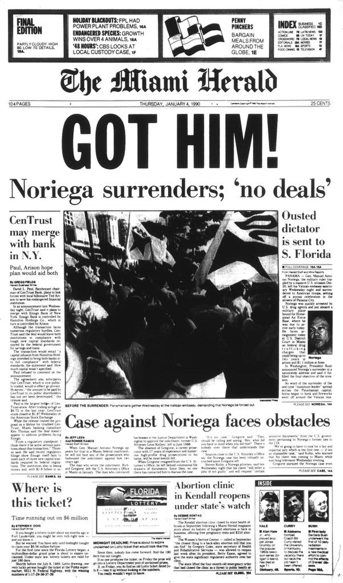 Miami Herald front page: Jan. 4, 1990.