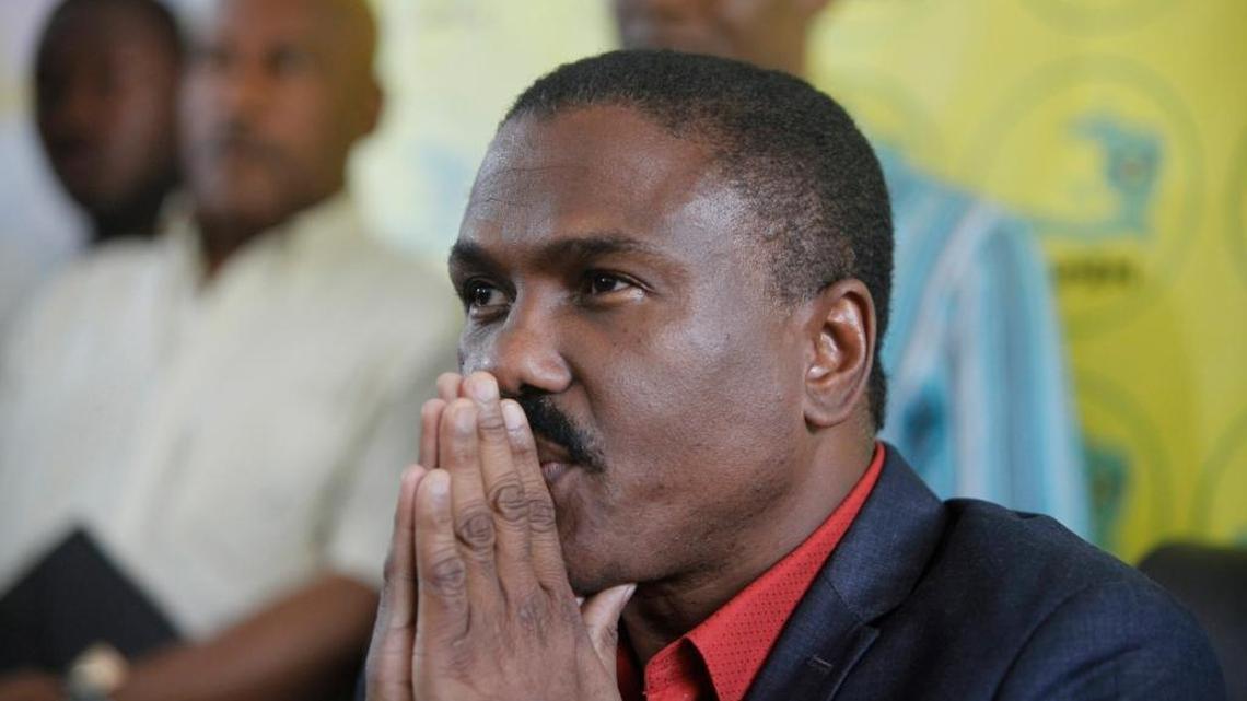 FILE - In this Nov. 6, 2015 file photo, presidential candidate Jude Celestin, from the LAPEH party, gives a press conference in Port-au-Prince, Haiti.
