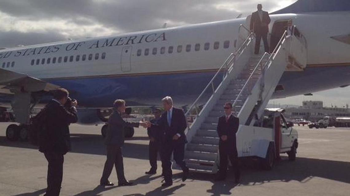 
U.S. Secretary of State John Kerry arrives in Port-au-Prince, Haiti Tuesday to discuss the upcoming Oct. 25 elections with President Michel Martelly.
