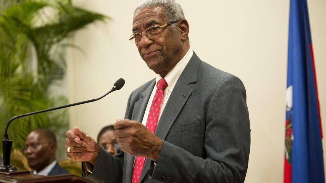 The president of Haiti’s election verification commission, Francois Benoit, speaks during a ceremony in the national palace in Port-au-Prince on Monday, May 30, 2016.