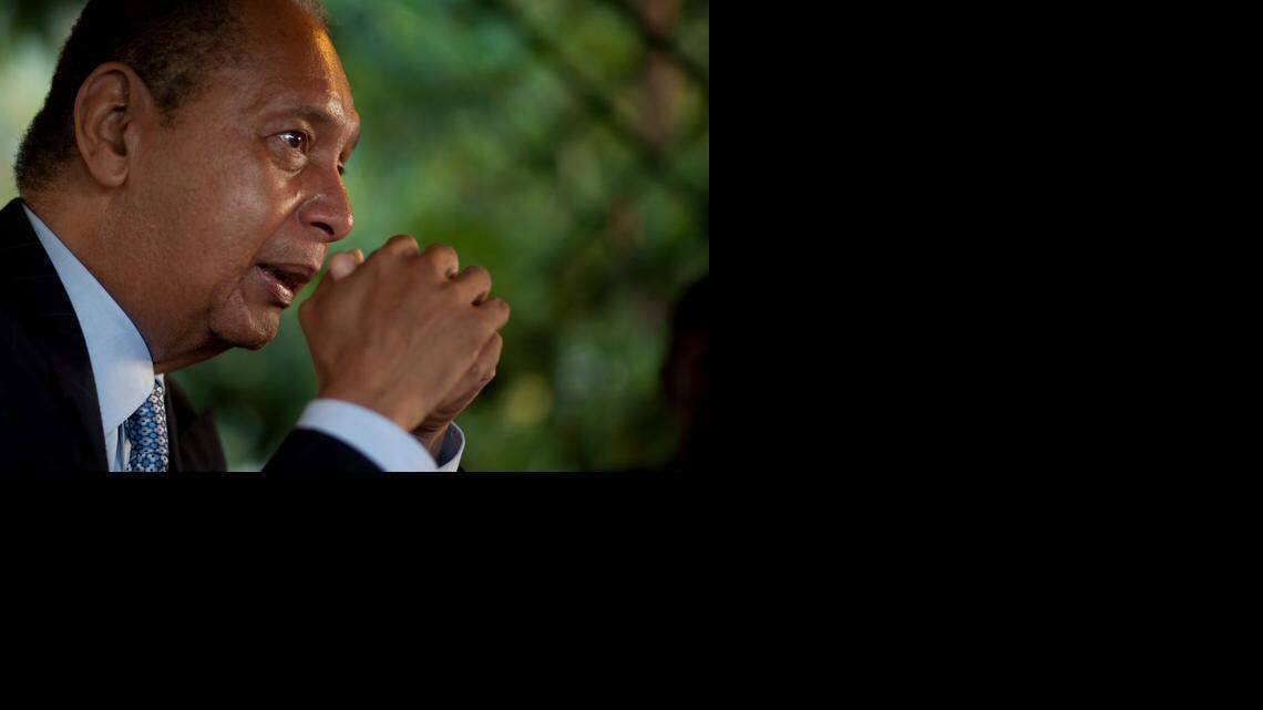 
Former Head of State, Jean Claude Duvalier, his gestures during an interview in a house in Laboule, outskirts of Port au Prince, Haiti, on April 16, 2011.
