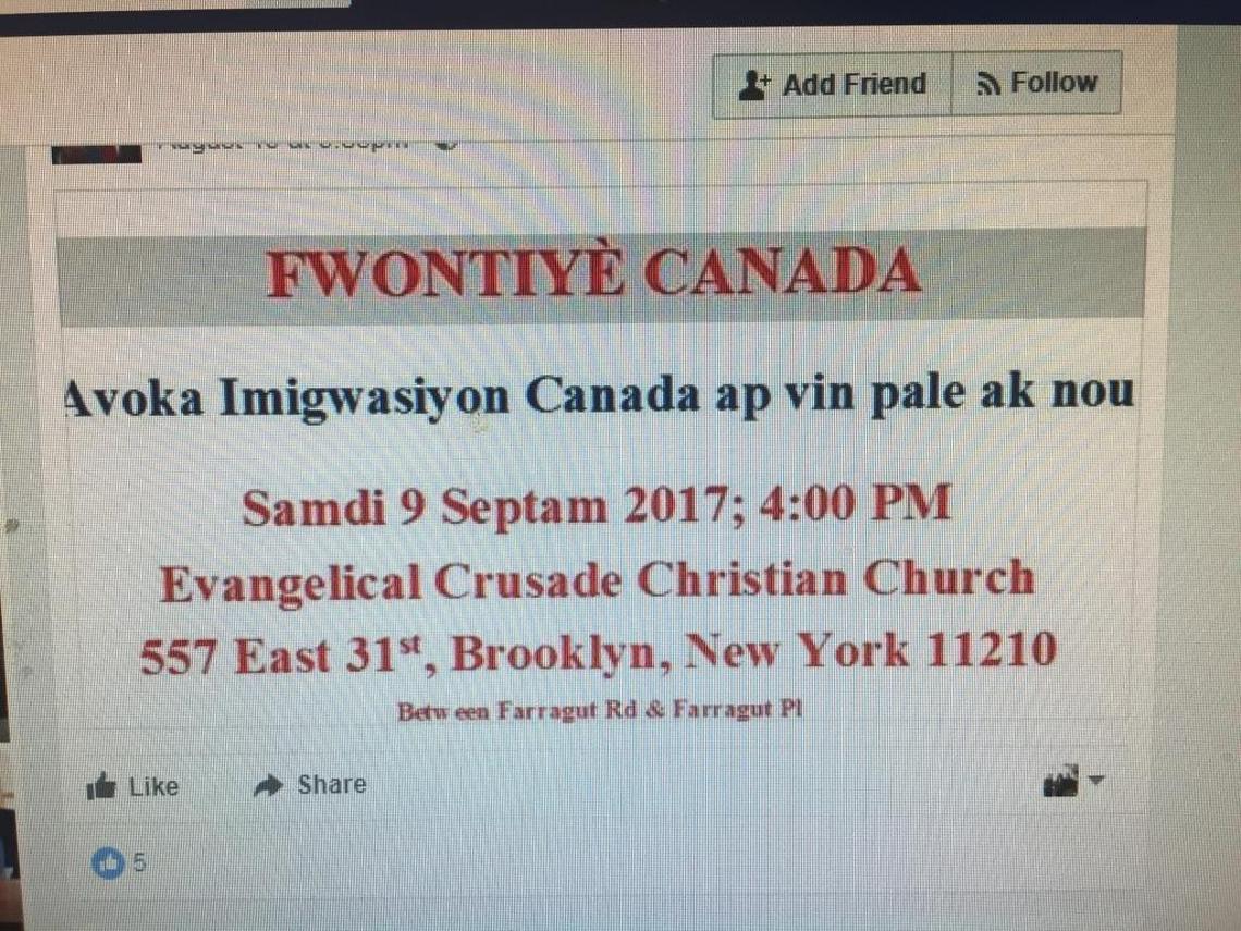 This is a Facebook in Creole post advertising a meeting with Canadian border and immigration officials for Sept. 9 in New York. Canadian officials say no one has been dispatched to come discuss immigration matters.