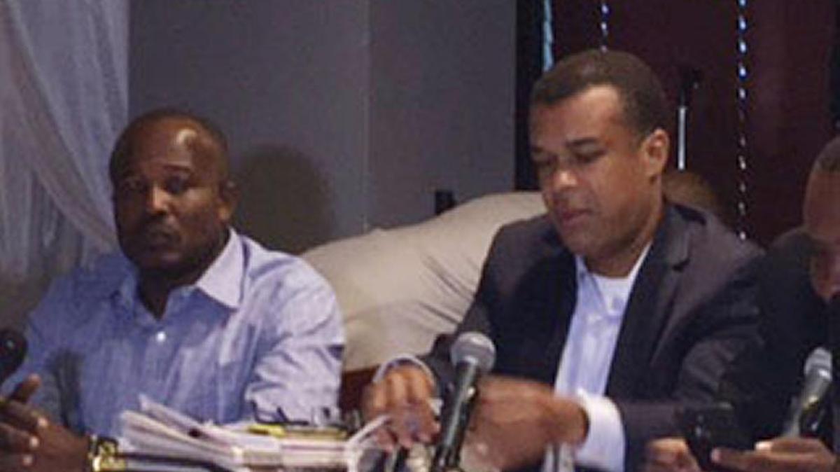 
Haiti presidential candidates former Senate President Simon Desras, left, and Sen. Steven Benoit participate in a remote broadcast of Ranmase in North Miami. The popular political talk show airs over Radio Television Caraibes in Haiti.
