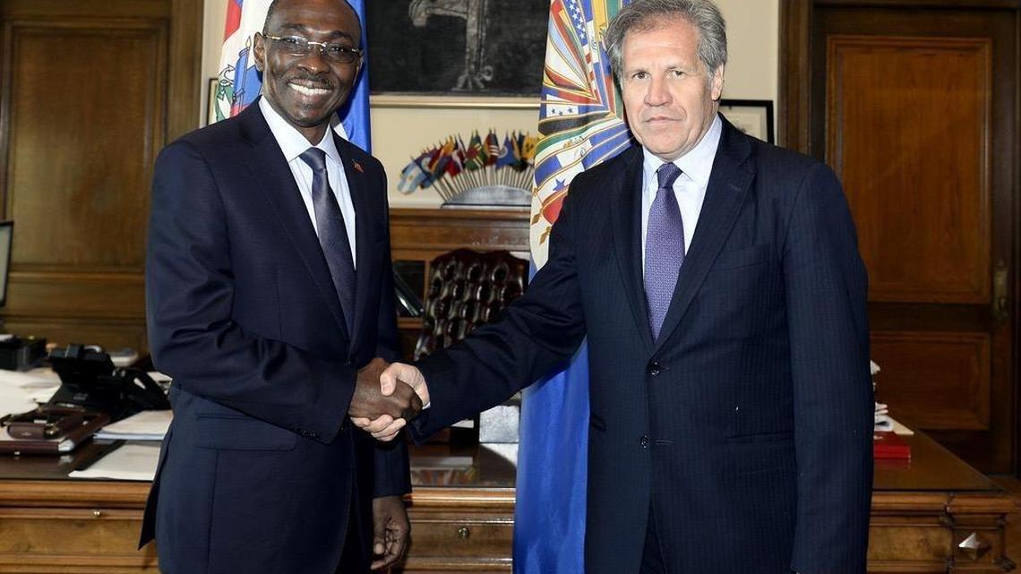 
Haiti Prime Minister Evans Paul, left, meets with the secretary general of the Organization of American States, Luis Almagro Thursday to discuss Haiti’s upcoming Oct. 25 presidential elections. 

