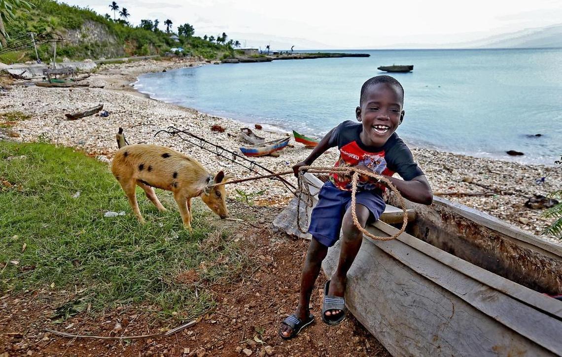 A young boy keeps his pig nearby along the shore in Port-Salut, Haiti in late June nearly nine months after hurricane Matthew struck the area.