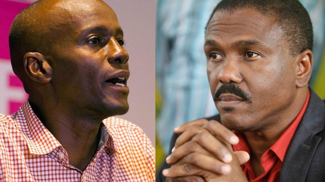 FILE - In this file photo combination shows presidential candidates Jovenel Moise, left, from the PHTK political party, speaking in Port-au-Prince, Haiti, Thursday Nov. 5, 2015, and presidential candidate Jude Celestin, from the LAPEH party, during a press conference in Port-au-Prince, Haiti, Friday, Nov. 6, 2015. Moise and Celestin are the two top finishers in Haiti's first-round presidential election, officials said Tuesday, Nov. 24, 2015. They are scheduled to compete in a runoff vote on Dec. 27.