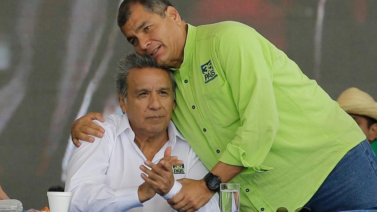 Ecuador's President Rafael Correa, right, embraces human rights activist and former vice president, Lenin Moreno, during the Alianza PAIS party convention where Moreno was tapped as the ruling party presidential candidate, in Quito, Ecuador, Saturday, Oct. 1, 2016. The elections for president and legislators are scheduled for Feb. 19, 2017.