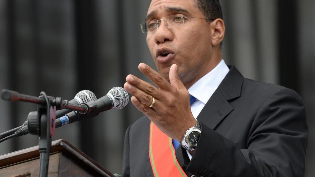 Andrew Holness, Jamaica's new Prime Minister speaks after being sworn in by Governor General Sir Patrick Allen, in Kingston, Jamaica, Thursday, March 3, 2016. Holness was elected with a slim-margin victory over then Prime Minister Portia Simpson-Miller of the People's National Party.