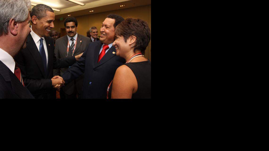 
In this April 17, 2009 file photo, President Barack Obama, left, shakes hands with Venezuela's President Hugo Chavez before the opening session of the 5th Summit of the Americas in Port of Spain, Trinidad and Tobago. Venezuela's Vice President Nicolas Maduro announced on Tuesday, March 5, 2013 that Chavez has died at age 58 after a nearly two-year bout with cancer. (AP Photo/Mariamma Kambon, Summit of the Americas, Pool, File)
