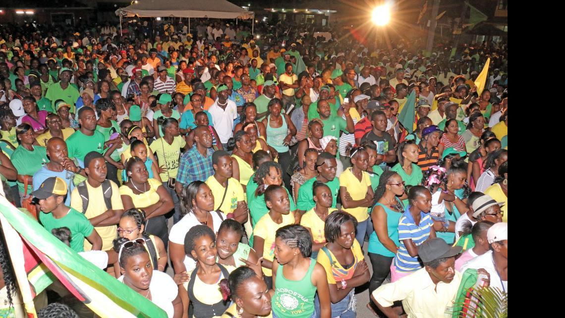 
Supporters of Guyana’s A Partnership for National Unity and Alliance For Change (APNU-AFC) opposition coalition come out in support of a campaign rally.
