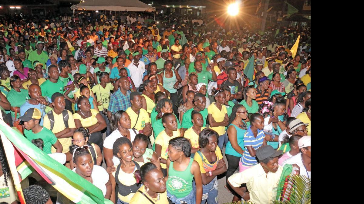 
Supporters of Guyana’s A Partnership for National Unity and Alliance For Change (APNU-AFC) opposition coalition come out in support of a campaign rally.
