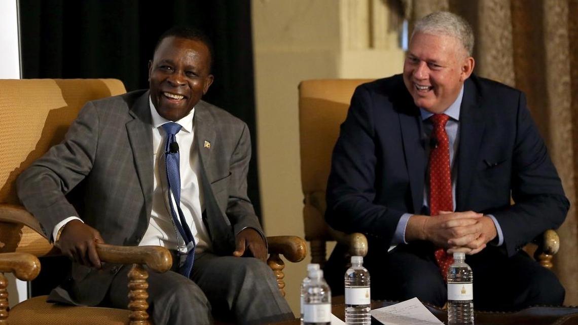 Grenada Prime Minister Keith Mitchell (left) and St. Luica Prime Minister Allen Chastanet join a panel discussion at the Americas Conference Series: The Caribbean Dilemma at the Biltmore Hotel in Coral Gables.