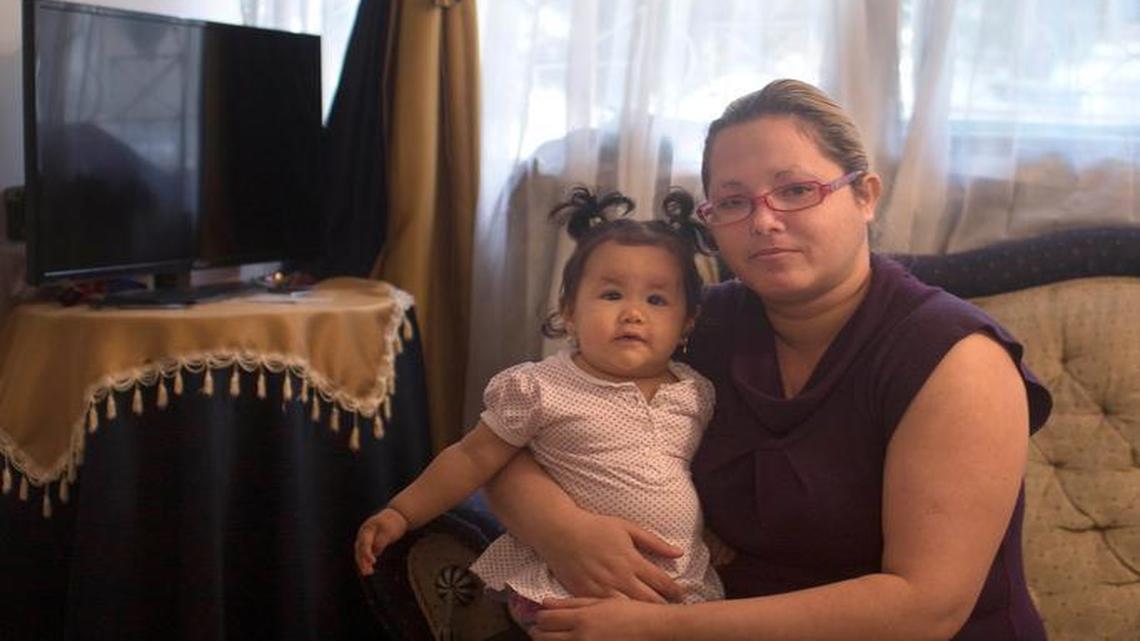 
Annie Rodriguez and her eight-month old baby in the home she rents in Bogota, Colombia. She’s one of hundreds of medical professionals from Cuba who have left their positions in Venezuela hoping to emigrate to the United States.
