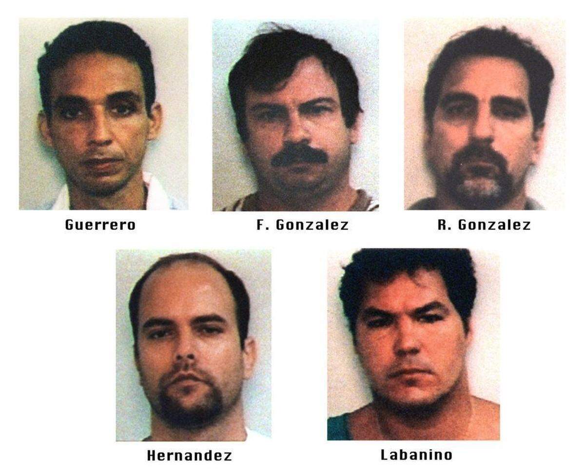 Five Cubans — Antonio Guerrero, Fernando Gonzalez aka Ruben Campa, Rene Gonzalez, Gerardo Hernandez and Ramon Labanino aka Luis Medina — were convicted June 8, 2001, of conspiring to spy on the United States for Fidel Castro’s government. Hernandez was found guilty of contributing to the death of the four Brothers to the Rescue members shot down by Cuban jet fighters in international airspace in 1996. (AP Photo/FBI)