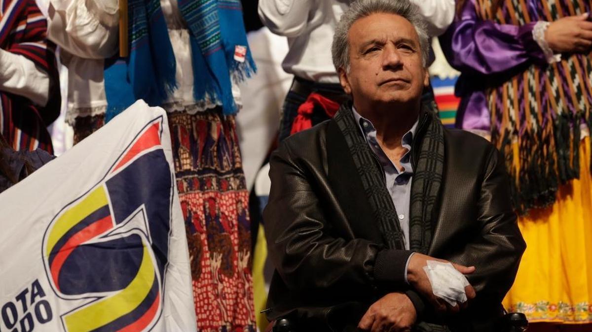 Ecuador’s President Lenin Moreno sits before supporters Wednesday, Jan. 31, 2018, ahead of this weekend’s constitutional referendum in Quito, Ecuador. Moreno has called for a nationwide referendum that will include a question asking voters whether they want to revoke a law pushed forward by his predecessor allowing presidents to be indefinitely re-elected.
