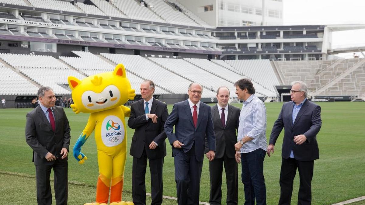 Brazilian Olympic officials and politicians pose with Vinicius, the mascot of the Rio 2016 Olympics, at the Itaquerao Stadium, during a ceremony to present Sao Paulo as a host city for the Olympic soccer tournament. Ten soccer matches will be played in Sao Paulo, but most Olympic events will be held in Rio de Janeiro.