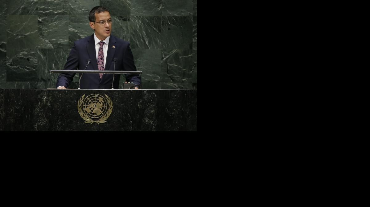 
Grenada’s Foreign Minister, Nickolas Steele, addresses the 69th session of the United Nations General Assembly at U.N. headquarters on Monday, Sept. 29, 2014. 
