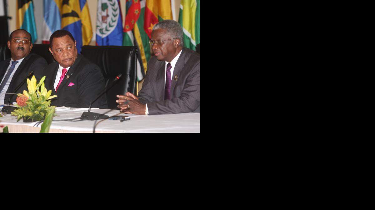 
From (L to R) Outgoing Caricom chair and Antigua Prime Minister Gaston Browne; incoming Chair Bahamas Prime Minister Perry Christie and Barbados Prime Minister Freundel Stuart speak to the media in Nassau, Bahamas, Friday, Feb. 27, 2015 at the end of a two-day summit.
