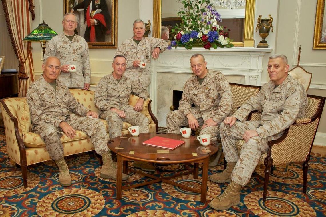 At one point, then Marine Gen. John F. Kelly, far left, was one of six four-star generals actively serving in the Marine Corps, a first. The others, gathered at the Marine Commandant’s home in Washington, D.C., on April 19, 2013, were, from left Gen. James N. Mattis, now Secretary of Defense; Gen. Joseph F. Dunford, now Chairman of the Joint Chiefs of Staff; Gen. James F. Amos; Gen. John R. Allen; and Gen. John M. Paxton Jr.
