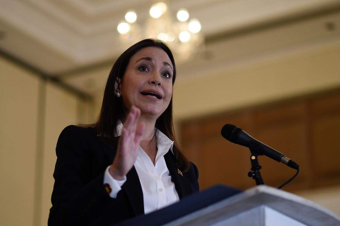 The Venezuelan opposition’s Maria Corina Machado speaks at a press conference in Caracas, Venezuela, on June 29..