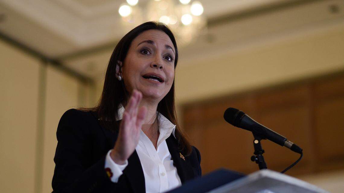 The Venezuelan opposition's Maria Corina Machado speaks at a press conference in Caracas, Venezuela, on June 29..